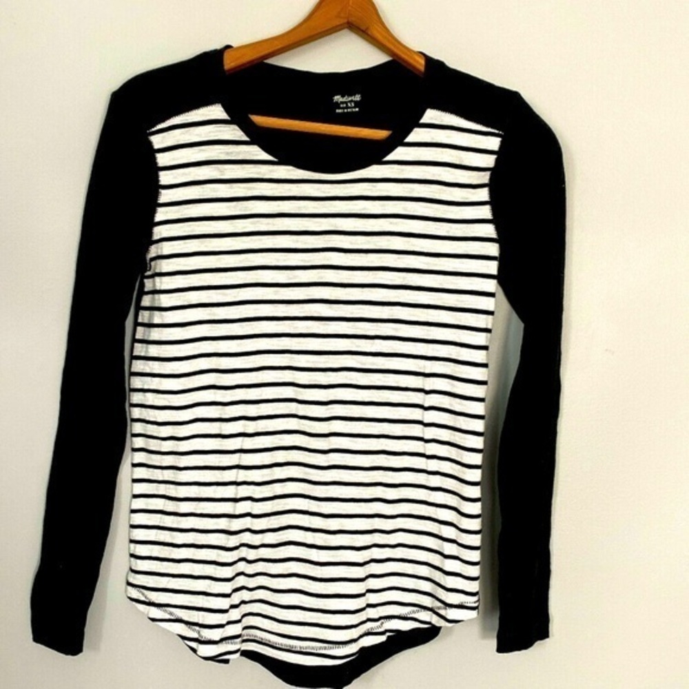 MADEWELL Women's Black/White Stripe Long Sleeve Boho Style Top Size XS